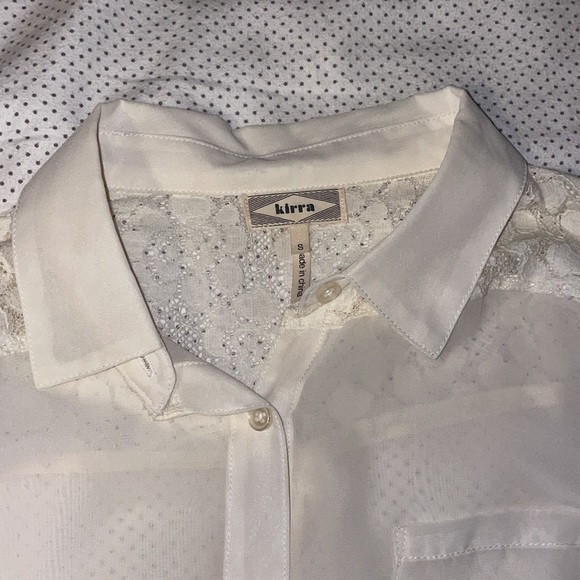 white/sheer button down long sleeve with flower detailing on the upper shoulder - Picture 2 of 3
